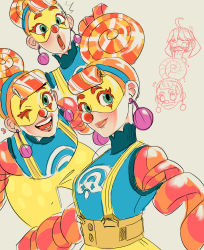 Rule 34 | 1girl, arms (game), clown, clown nose, domino mask, doodle, earrings, grey background, highres, jewelry, lola pop, mask, mechanica (arms), multiple views, nintendo, open mouth, orange hair, smile, suspenders, yokimura