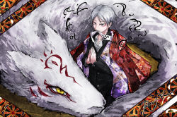 Rule 34 | 1boy, commentary request, floral print, formal, fox, looking at viewer, madara (natsume yuujinchou), male focus, mouth hold, natsume yuujinchou, palms together, ray-k, short hair, grey eyes, silver hair, solo, suit, yellow eyes