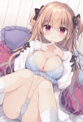 Rule 34 | 1girl, bed sheet, blue bra, blue panties, bra, breasts, brown hair, cleavage, closed mouth, collarbone, commentary request, crossed fingers, crotch, cushion, hair ribbon, highres, long hair, looking at viewer, medium breasts, miyasaka miyu, original, panties, red eyes, ribbon, sitting, smile, socks, solo, sweater, thighs, underwear, white socks, white sweater, wooden wall