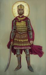 Rule 34 | 1boy, absurdres, armor, beard, breastplate, brown eyes, byzantine empire, cape, constantine xi, contrapposto, crying, facial hair, full body, halo, highres, holding, holding sword, holding weapon, male focus, armored boots, mossacannibalis, parted lips, real life, red cape, revision, rolling eyes, solo, sword, tears, weapon