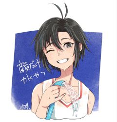 Rule 34 | 1girl, ahoge, bad id, bad twitter id, black eyes, black hair, blue background, border, collarbone, commentary request, water drop, grin, highres, holding, holding hose, hose, idolmaster, idolmaster (classic), kikuchi makoto, lips, looking at viewer, norota, one eye closed, signature, smile, solo, sweat, tank top, translation request, upper body, water, white border