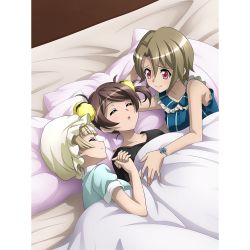 Rule 34 | 3girls, andou kuriyo, artist request, bed, blonde hair, blush, breasts, brown hair, closed eyes, closed mouth, holding hands, indoors, itaba yumi, looking at another, medium breasts, multiple girls, official art, on bed, open mouth, red eyes, senki zesshou symphogear, short hair, sleeping, smile, terashima shiori, twintails