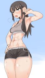 Rule 34 | 1girl, abs, armpits, bare shoulders, black eyes, black hair, blush, bra, bra lift, breath, clothes lift, collarbone, hand on own hip, highres, long hair, nagayama (zappazappa), open mouth, shorts, sidelocks, simple background, solo, sports bra, sports bra lift, sweat, underwear, wide hips