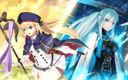 Rule 34 | 2girls, artoria caster (fate), artoria caster (second ascension) (fate), artoria pendragon (fate), belt, black bow, black dress, blue belt, blue cape, blue capelet, blue eyes, blue headwear, bow, braid, cape, capelet, center opening, clothing cutout, dress, fate/grand order, fate (series), half up braid, highres, holding, holding staff, igote, looking at viewer, mishiro (ixtlolton), morgan le fay (fate), morgan le fay (queen of winter) (fate), multicolored cape, multicolored capelet, multicolored clothes, multiple girls, o-ring, o-ring belt, platinum blonde hair, staff, stomach cutout, striped belt, two-tone dress