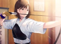 Rule 34 | 1girl, archery, archery dojo, arrow (projectile), blurry, blurry background, bob cut, bow (weapon), brown eyes, brown gloves, brown hair, closed mouth, commentary request, depth of field, gloves, holding, holding bow (weapon), holding weapon, indoors, japanese clothes, kimono, kyuudou, looking away, looking to the side, muneate, noda shuha, original, partially fingerless gloves, partly fingerless gloves, short sleeves, solo, upper body, weapon, white kimono, yugake