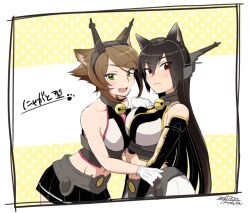 Rule 34 | 10s, 2015, 2girls, animal ears, artist name, asymmetrical docking, bare shoulders, bell, black hair, blush, breast press, breasts, brown hair, cat ears, dated, green eyes, headgear, ikeshita moyuko, jingle bell, kantai collection, kemonomimi mode, large breasts, long hair, looking at viewer, midriff, multiple girls, mutsu (kancolle), nagato (kancolle), navel, open mouth, red eyes, skirt