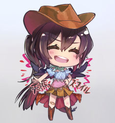 Rule 34 | 1girl, :d, ^ ^, bandaid, bandaid on knee, bandaid on leg, bandana, bare shoulders, black hair, black wings, blue shirt, blush, boots, brown footwear, brown hat, brown skirt, chibi, closed eyes, commentary request, cowboy hat, facing viewer, feathered wings, full body, gradient background, grey background, hair between eyes, hat, knee boots, kurokoma saki, long hair, miniskirt, off-shoulder shirt, off shoulder, open mouth, ponytail, puffy short sleeves, puffy sleeves, shirt, short sleeves, skirt, smile, solo, standing, syuri22, tail, touhou, translation request, very long hair, wings