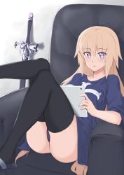 Rule 34 | 1girl, armchair, ass, bad id, bad pixiv id, black panties, black thighhighs, blonde hair, blue footwear, blue shirt, blush, breasts, chair, commentary request, fate/apocrypha, fate/grand order, fate (series), hair between eyes, highres, holding, jeanne d&#039;arc (fate), jeanne d&#039;arc (ruler) (fate), jilu, long hair, looking at viewer, medium breasts, panties, parted lips, print shirt, purple eyes, shirt, short sleeves, slippers, solo, sword, tablet pc, thighhighs, underwear, very long hair, weapon