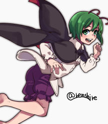 Rule 34 | 1girl, antennae, black cape, blush, breasts, cape, collared shirt, commentary, feet out of frame, frilled shorts, frilled sleeves, frills, green eyes, green hair, highres, long sleeves, looking at viewer, one-hour drawing challenge, open mouth, purple shorts, red cape, renshirenji, running, shirt, short hair, shorts, simple background, small breasts, smile, solo, touhou, twitter username, two-sided cape, two-sided fabric, white background, white shirt, wriggle nightbug