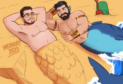 Rule 34 | 2boys, arm hair, arms behind head, bara, beach, beard stubble, chest hair, eye contact, facial hair, fdolagaray, fins, from above, glasses, hairy, head fins, highres, interspecies, large pectorals, looking at another, lying, male focus, mature male, merman, mermay 2023, monster boy, multiple boys, muscular, muscular male, mustache stubble, navel, navel hair, nipples, nude, on back, original, pectorals, sand, sand sculpture, seductive smile, short hair, sideburns, smile, stomach, stubble, thick eyebrows, yaoi
