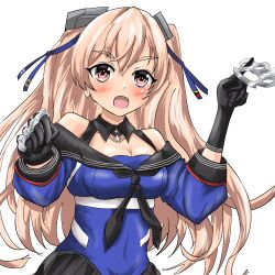 Rule 34 | 1girl, absurdres, black gloves, black sailor collar, black skirt, blue shirt, brass knuckles, breasts, brown eyes, cleavage, commentary request, gloves, headgear, highres, johnston (kancolle), kantai collection, light brown hair, long hair, medium breasts, off shoulder, open mouth, pleated skirt, sailor collar, school uniform, senon, serafuku, shirt, simple background, skirt, solo, two side up, upper body, weapon, white background
