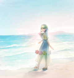 Rule 34 | 1girl, androgynous, beach, blue sky, braid, comfey, creatures (company), day, dress, flower, footprints, full body, game freak, gen 7 pokemon, green eyes, green hair, hand up, high heels, highres, jewelry, looking at viewer, moe (hamhamham), necklace, nintendo, ocean, outdoors, personification, pokemon, sandals, see-through, shadow, short hair, sky, solo, waves
