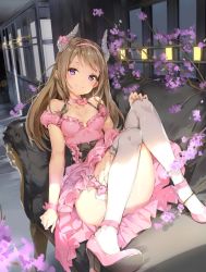 Rule 34 | 1girl, anmi, bare shoulders, blonde hair, bow, breasts, cherry blossoms, choker, cleavage, convenient leg, couch, demon horns, detached sleeves, dress, frilled dress, frills, full body, headband, high heels, horn bow, horn ornament, horn ribbon, horns, knees together feet apart, long hair, looking at viewer, medium breasts, on couch, original, petals, pink bow, pink dress, pink footwear, pink ribbon, puffy detached sleeves, puffy sleeves, purple eyes, ribbon, ribbon choker, shoes, sitting, smile, solo, thighhighs, white thighhighs
