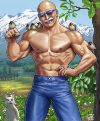 Rule 34 | 1boy, abs, animal, animal on arm, animal on shoulder, bald, bird, bird on arm, bird on hand, bird on shoulder, cat, clenched hand, cowboy shot, day, denim, eurasian tree sparrow, facial hair, field, hand on own hip, jeans, leaf, male focus, matataku, mountainous horizon, muscular, muscular male, mustache, navel, old, old man, original, outdoors, pants, pectorals, smirk, solo, sparrow, sunglasses, surprised cat (matataku), tree, white cat, white facial hair