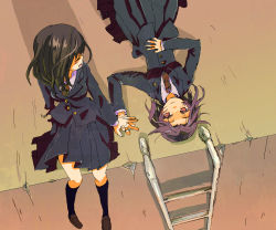 Rule 34 | 2girls, holding hands, kajiki yumi, ladder, lying, multiple girls, on back, saki (manga), school uniform, touyoko momoko, tsuruga school uniform, una (mazinger)