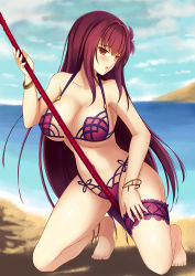 Rule 34 | 1girl, anklet, barefoot, beach, bikini, blush, breasts, cleavage, day, euforia, fate/grand order, fate (series), flower, full body, gae bolg (fate), hair flower, hair ornament, huge breasts, jewelry, kneeling, long hair, looking at viewer, ocean, open mouth, polearm, purple hair, red eyes, scathach (fate), scathach (fate), scathach (swimsuit assassin) (fate), solo, spear, swimsuit, underboob, weapon