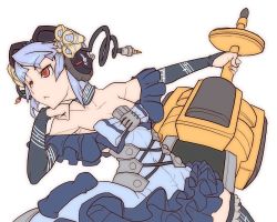 Rule 34 | 1girl, blue hair, female focus, huge weapon, original, red eyes, short hair, simple background, solo, soundress (t.a.k.), t.a.k., weapon, white background