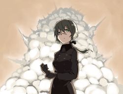 Rule 34 | 1girl, backlighting, black ribbon, blonde hair, brown gloves, coat, explosion, gloves, green eyes, hair ribbon, hanna rudel, long hair, long sleeves, military, military uniform, ponytail, ribbon, scar, scar on face, scar on nose, shiratama (hockey), solo, strike witches, strike witches: suomus misfits squadron, striker unit, uniform, world witches series