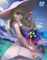Rule 34 | 1girl, artist name, bag, blonde hair, blue sky, braid, breasts, calligraphy brush, calligraphy brush (medium), clenched hand, cloud, cloudy sky, commentary, cosmog, cowboy shot, creatures (company), day, dress, duffel bag, game freak, gen 7 pokemon, green eyes, hat, highres, legendary pokemon, lillie (pokemon), logan cure, long hair, looking at viewer, making-of available, nintendo, nose, ocean, open mouth, paintbrush, parted lips, patreon username, poke ball theme, pokemon, pokemon sm, realistic, red lips, sky, sleeveless, sleeveless dress, small breasts, sun hat, sundress, sunlight, twin braids, water, watermark, white dress, white headwear