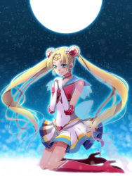 Rule 34 | 1girl, belt, bishoujo senshi sailor moon, blonde hair, blue sailor collar, boots, bow, brooch, choker, circlet, elbow gloves, full body, full moon, gloves, hair ornament, hairclip, heart, heart brooch, high heel boots, high heels, jewelry, knee boots, kneeling, kuko (endless-repeat), long hair, moon, moonlight, multicolored clothes, multicolored skirt, parted bangs, praying, red bow, red footwear, sailor collar, sailor moon, skirt, smile, solo, super sailor moon, tsukino usagi, twintails, white gloves