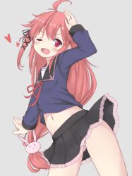 Rule 34 | 10s, 1girl, :3, ;d, ahoge, bad id, bad pixiv id, blush, fang, heart, kantai collection, long hair, midriff, midriff peek, mrisk, navel, one eye closed, open mouth, panties, pink eyes, pink hair, rabbit head, skirt, smile, solo, striped clothes, striped panties, underwear, uzuki (kancolle)