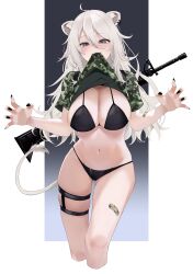 Rule 34 | 1girl, ahoge, animal ears, ar-15, assault rifle, aya02ka, bandaid, bandaid on leg, bikini, black bikini, black nails, breasts, camouflage, camouflage shirt, cleavage, clothes in mouth, fang, grey eyes, gun, gun on back, hands up, highres, hololive, large breasts, lion ears, lion girl, lion tail, long hair, looking at viewer, mouth hold, nail polish, navel, rifle, shirt, shirt in mouth, shishiro botan, solo, stomach, swimsuit, tail, thigh strap, thighs, virtual youtuber, wavy hair, weapon, weapon on back, white hair