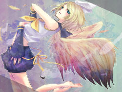 Rule 34 | bad id, bad pixiv id, barefoot, blonde hair, blue eyes, feathers, highres, kagamine rin, short hair, solo, tonoshiro, vocaloid, wings