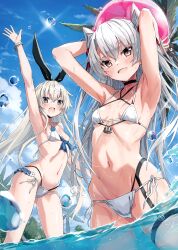 Rule 34 | 2girls, absurdres, amatsukaze (kancolle), armpits, arms up, ball, bare shoulders, beachball, bikini, blue sky, bracelet, breasts, brown eyes, choker, cloud, cloudy sky, grey hair, highres, jewelry, kantai collection, long hair, looking at viewer, multiple girls, navel, open mouth, palm leaf, palm tree, partially submerged, scan, shimakaze (kancolle), shiny skin, simple background, sky, small breasts, smile, stomach, swimsuit, takanashi kei (hitsujikan), thighs, tree, water, water drop, wet