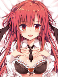 Rule 34 | 1girl, :d, bat wings, between breasts, black bra, black necktie, blush, bra, breasts, commentary request, head wings, koakuma, large breasts, long hair, long sleeves, looking at viewer, maturiuta sorato, necktie, necktie between breasts, open clothes, open mouth, open shirt, parted lips, red eyes, red hair, shirt, smile, solo, touhou, underwear, upper body, white shirt, wings