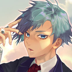 Rule 34 | 1boy, black jacket, blue eyes, blue hair, collared shirt, commentary request, creatures (company), eyelashes, game freak, glint, hand up, highres, jacket, jewelry, long sleeves, lower teeth only, male focus, necktie, nintendo, open mouth, pokemon, pokemon oras, red necktie, ring, shirt, short hair, sizuru (garasuame0206), solo, steven stone, teeth, tongue, white shirt