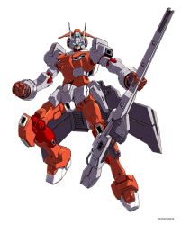 Rule 34 | blue eyes, clenched hand, g-arcane, gun, gundam, gundam g no reconguista, highres, holding, holding gun, holding weapon, looking at viewer, mecha, mobile suit, no humans, robot, science fiction, solo, v-fin, weapon, white background, yamada yuuji