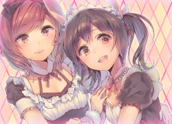 Rule 34 | 10s, 2girls, animal ears, arm around back, black hair, brown eyes, brown hair, ds mairu, dsmile, frills, looking at viewer, looking to the side, love live!, love live! school idol project, maid, maid headdress, multiple girls, neck ribbon, nishikino maki, open mouth, purple eyes, rabbit ears, red eyes, red hair, ribbon, short sleeves, smile, source request, swept bangs, twintails, upper body, waitress, yazawa nico
