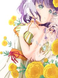 Rule 34 | 1girl, 42shirane, absurdres, asymmetrical clothes, bare shoulders, flower, gloves, green eyes, hair ornament, highres, link! like! love live!, love live!, lying, neck ribbon, on back, otomune kozue, parted lips, purple hair, ribbon, side ponytail, solo, tagme, water, water drop, white gloves, yellow flower