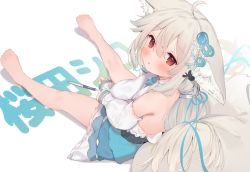 Rule 34 | 1girl, :o, ahoge, animal ear fluff, animal ears, bare legs, barefoot, between legs, blue dress, blush, character request, commentary, copyright request, detached sleeves, dress, eip (pepai), frilled dress, frills, from above, grey hair, hair between eyes, hair ornament, hand between legs, leaning back, legs, long hair, looking at viewer, ponytail, puffy sleeves, red eyes, ribbon, sakurada shiro (hy plus), sidelocks, sitting, sleeveless, sleeveless dress, solo, symbol-only commentary, tail, toes, translation request