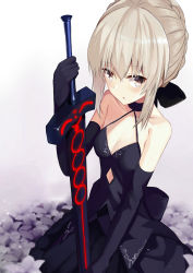 Rule 34 | 1girl, absurdres, artoria pendragon (all), artoria pendragon (fate), bare shoulders, black dress, black gloves, blonde hair, braid, breasts, cleavage, collarbone, commentary request, dress, elbow gloves, excalibur morgan (fate), fate/grand order, fate (series), flower, gloves, hair between eyes, hair ribbon, highres, holding, looking at viewer, medium breasts, rarabyii, ribbon, saber alter, short hair, solo, sword, weapon, white flower, yellow eyes