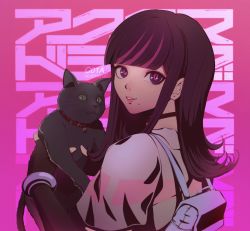 Rule 34 | 1girl, akudama drive, animal, animal collar, artist name, backpack, bag, black choker, black gloves, black hair, blunt bangs, c01a (cola), cat, choker, collar, commentary, earrings, elbow gloves, english commentary, fingerless gloves, from side, gloves, highres, holding, jewelry, long hair, looking at viewer, mole, mole under mouth, multicolored eyes, parted lips, pink background, pink eyes, pink hair, purple eyes, short sleeves, smile, solo, swindler (akudama drive), upper body