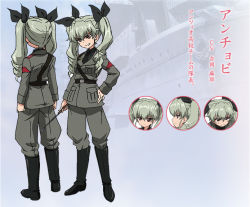 Rule 34 | 10s, 1girl, anchovy (girls und panzer), belt, black footwear, black shirt, blouse, boots, character sheet, concept art, dress shirt, expressions, girls und panzer, grey jacket, grey pants, grin, hair ribbon, hand on own hip, jacket, jodhpurs, knee boots, long sleeves, military, military uniform, multiple views, necktie, official art, pants, pants tucked in, red eyes, ribbon, riding crop, shirt, silver hair, smile, standing, sugimoto isao, translated, turnaround, twintails, uniform