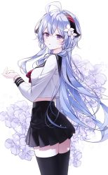 Rule 34 | 1girl, alternate costume, black sailor collar, black skirt, black thighhighs, blue hair, bow, breasts, commentary request, curled horns, floral background, flower, ganyu (genshin impact), genshin impact, hair between eyes, hair flower, hair ornament, hand up, highres, horns, hydrangea, long hair, long sleeves, looking at viewer, looking to the side, mattang, pleated skirt, purple eyes, purple flower, red bow, sailor collar, school uniform, serafuku, shirt, simple background, skirt, small breasts, solo, thighhighs, very long hair, white background, white flower, white shirt