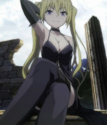 Rule 34 | 10s, 1girl, armpits, blonde hair, boots, breasts, bridal gauntlets, choker, cleavage, crossed legs, fishnet thighhighs, fishnets, highres, large breasts, lieselotte sherlock, long hair, purple eyes, screencap, solo, thigh boots, thighhighs, trinity seven, twintails