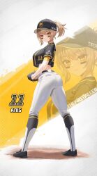 1girl anis_(nikke) ass ball baseball_cap baseball_glove baseball_uniform black_footwear black_hat black_shirt black_socks blonde_hair breasts closed_mouth commentary_request cropped_shirt english_text eye_black from_behind full_body goddess_of_victory:_nikke hat highres holding holding_ball large_breasts looking_at_viewer pants ponytail shirt shoes short_hair sidelocks smile sneakers socks solo sportswear standing subob_(subobdesu) tight_clothes tight_pants white_pants yellow_eyes zoom_layer