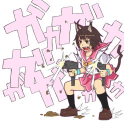 Rule 34 | 00s, 1girl, ahoge, animal ears, bad id, bad pixiv id, blush stickers, brown eyes, brown hair, bullet, casing ejection, cat ears, cat tail, dual wielding, firing, gun, holding, holding gun, holding weapon, kemonomimi mode, kusakabe misao, loafers, lucky star, mac-10/11, machine pistol, muzzle flash, open mouth, ribbon, school uniform, serafuku, shell casing, shoes, short hair, skirt, socks, solo, submachine gun, tail, weapon, wristband, yuuji (and)