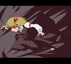 Rule 34 | 1girl, blonde hair, darkness, dress, embodiment of scarlet devil, female focus, flat color, grin, hair ribbon, letterboxed, red eyes, ribbon, rumia, short hair, smile, solo, touhou, yoshi tama
