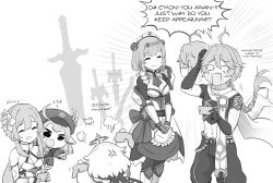 Rule 34 | 1boy, 4girls, aether (genshin impact), alph (sancheck), anger vein, angry, armor, blunt bangs, blush, boobplate, braid, braided ponytail, breastplate, closed eyes, combat maid, crying, depressed, english text, gacha, genshin impact, greyscale, hair ornament, highres, klee (genshin impact), lumine (genshin impact), maid, monochrome, multiple girls, noelle (genshin impact), open mouth, paimon (genshin impact), short hair, simple background, smile, speech bubble, sweatdrop, sword, weapon, white background, wide-eyed