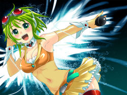 Rule 34 | 1girl, :d, armpits, belt, blush, breasts, caffein, choker, cleavage, cuffs, elbow gloves, frills, gloves, goggles, green eyes, green hair, gumi, headset, matching hair/eyes, megu megu fire endless night (vocaloid), microphone, midriff, open mouth, resized, samfree (&quot;night&quot; songs), see-through, short hair, smile, solo, thighhighs, vocaloid, wallpaper, wings, wrist cuffs, zettai ryouiki