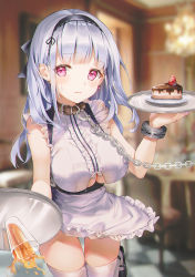 Rule 34 | 1girl, azur lane, belt, belt collar, black hairband, blush, breasts, cake, center frills, cha chya, chain, clothing cutout, collar, dido (azur lane), drink, earrings, food, frills, glass, hairband, highres, indoors, jewelry, lace-trimmed hairband, lace trim, large breasts, pink eyes, plate, shirt, short hair, silver hair, sleeveless, sleeveless shirt, solo, standing, standing on one leg, thighhighs, underboob cutout, white shirt, white thighhighs