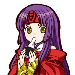 Rule 34 | 1girl, coat, eating, fire emblem, fire emblem: radiant dawn, food, headband, long hair, long sleeves, looking at viewer, lowres, mochi, nintendo, outline, parted bangs, purple hair, red coat, red headband, sanaki kirsch altina, solo, upper body, white background, ydknhsvs, yellow eyes