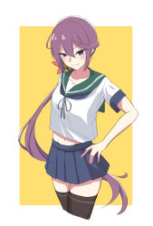 Rule 34 | 1girl, akebono (kancolle), bell, black thighhighs, blue skirt, blush, closed mouth, collarbone, commentary request, cowboy shot, flower, hair bell, hair between eyes, hair bobbles, hair flower, hair ornament, hand on own hip, highres, jingle bell, kantai collection, kasoku souchi, long hair, looking at viewer, midriff peek, navel, pleated skirt, purple eyes, purple hair, school uniform, serafuku, short sleeves, side ponytail, simple background, skirt, smile, solo, standing, thighhighs, very long hair
