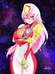 Rule 34 | 1girl, absurdres, arm under breasts, bodysuit, chinese commentary, covered navel, fang, fang out, floating hair, genderswap, genderswap (mtf), hand on own thigh, helmet, highres, holding own arm, humanization, long hair, looking at viewer, pink hair, smile, solo, space, tokusatsu, ultra series, ultraman decker, ultraman decker (series), yi (user jwth4284)