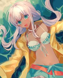 Rule 34 | 1girl, :d, aqua eyes, bikini, bikini top only, bikini under clothes, blunt bangs, breasts, collarbone, commentary request, danganronpa (series), danganronpa v3: killing harmony, dark-skinned female, dark skin, frilled bikini, frilled skirt, frills, front-tie top, ganguro, highres, jacket, jewelry, kozomezuki, long hair, looking at viewer, low twintails, lying, navel, necklace, on back, open clothes, open jacket, open mouth, ribbon, shell, shell necklace, silver hair, skirt, smile, solo, stomach, swimsuit, twintails, yellow jacket, yonaga angie