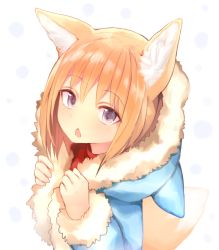 Rule 34 | 1girl, animal ear fluff, animal ears, animal hood, blonde hair, chestnut mouth, coat, fox ears, fox tail, fur-trimmed coat, fur trim, highres, hood, hood down, hooded coat, long sleeves, looking at viewer, looking up, open mouth, original, solo, sukemyon, tail, winter clothes, winter coat